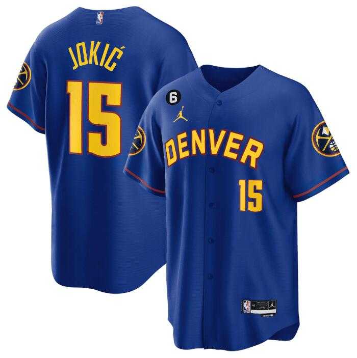 Men%27s Denver Nuggets #15 Nikola Jokic Blue With No.6 Patch Stitched Jersey Dzhi